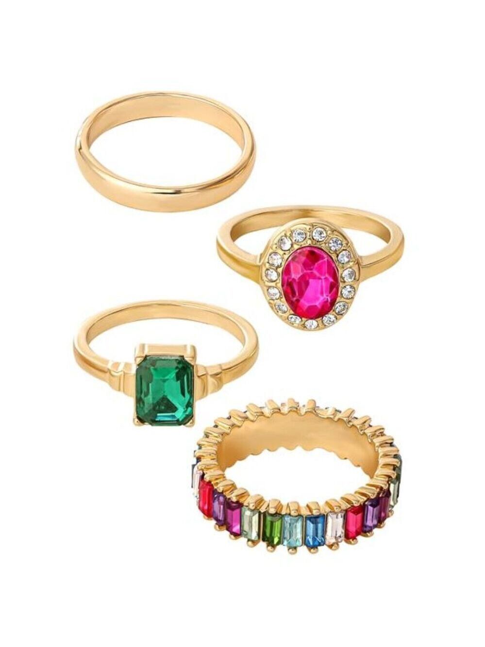 Multi Color CZ Ring Set, 4-Piece Multi-Colored Cubic Zirconia Stones Size 7